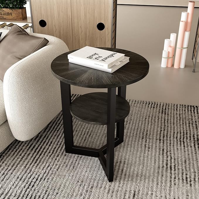 LEEMTORIG Round Side Table, 2-Tier End Table Nightstand with Metal Legs, Modern Bedside Couch Accent Table for Living Room, Bedroom, Office, Rustic Black/Black, 19.3 x 19.3 x 24 inches BZ-1338-BK
