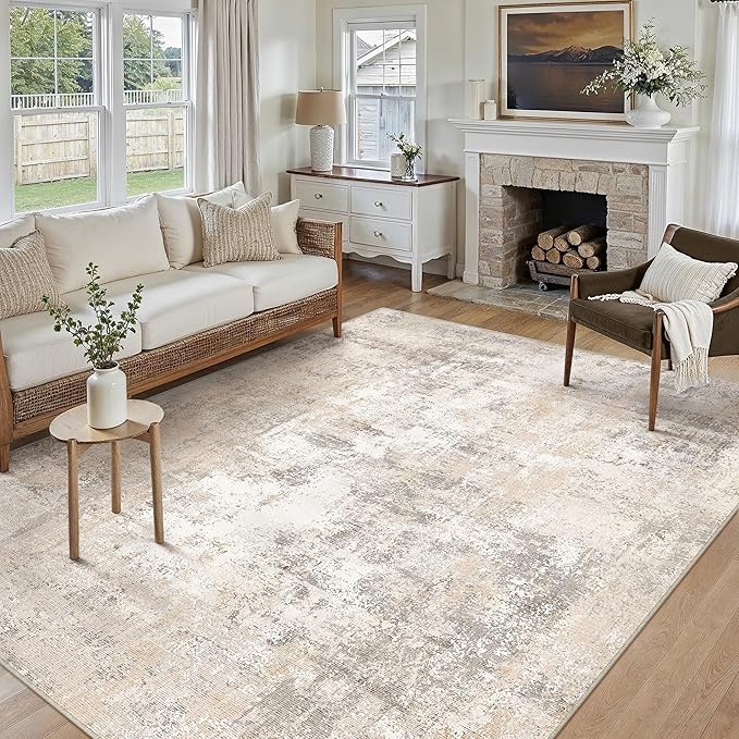 WondRg 6x9 Washable Area Rug Beige Grey Abstract Living Room Bedroom Throw Rug Neutral Modern Non Slip Soft Low Pile Indoor Carpet for Dining Room Office Entryway