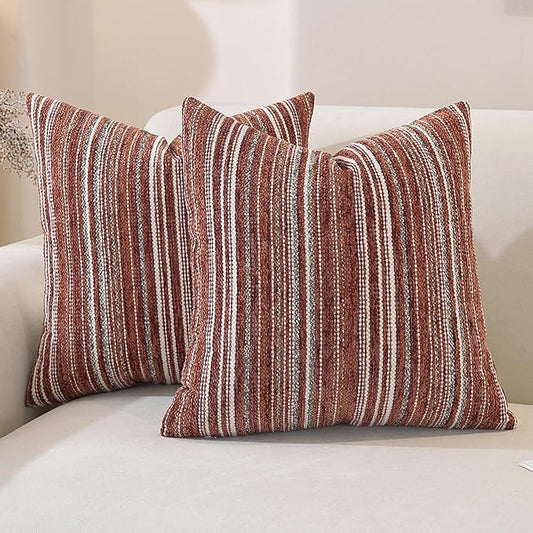 QDTTSRY Chenille Throw Decorative Pillow Covers 20x20 Set of 2, Textured Striped Boho Couch Pillow Covers, Cozy Neutral Farmhouse Cushion Cover for Couch Sofa Bedroom Living Room, Red