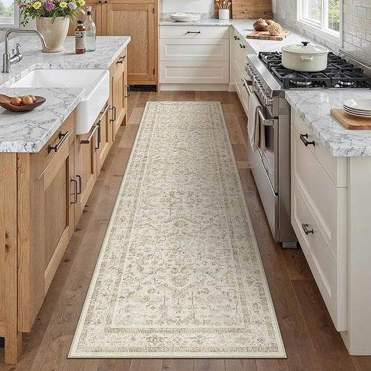 PureCozy Taupe 2x8 Runner Rug Vintage Area Carpet Hallway Indoor Kitchen Washable Low Pile Traditional Distressed Retro Accent Throw Rug Non Slip for Laundry Bathroom Office