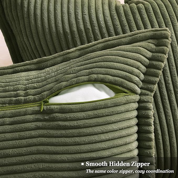 decorUhome Spring Corduroy Olive Green Euro Sham Throw Pillow Covers 22x22 Set of 2 Decorative Soft Boho Farmhouse Couch Pillow Covers for Living Room Bed Sofa Broadside Striped Pillow Cases