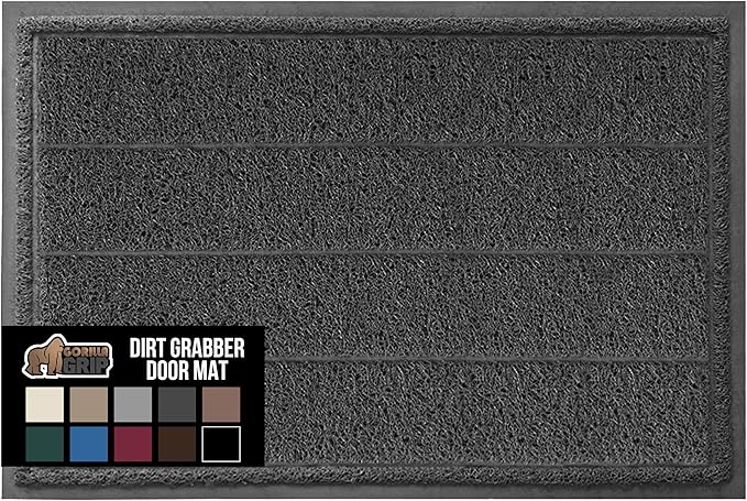 GORILLA GRIP Dirt Grabber Mesh Doormat, Low-Profile, Stain and Fade Resistant Heavy Duty Quick Dry Striped Doormats, Mats for Indoor or Outdoor Entry, Shoe Scraper, Garage Entrance Mat 35x23 Dark Gray