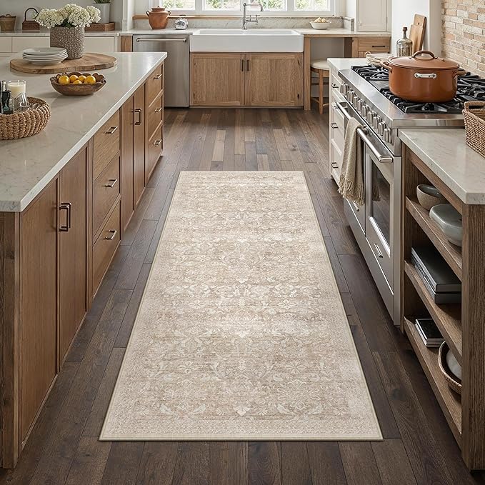 PureCozy 2x6 Runner Rug Washable Beige Vintage Hallway Kitchen Carpet Indoor Non Slip Small Low Plie Thin Bedroom Bathroom Rug Retro Accent Throw Dining Living Room