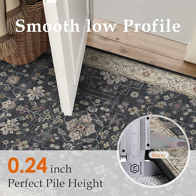 PureCozy Black 6x9 Area Rug Washable Vintage Carpet Living Room Large Indoor Bedroom Non Slip Low Pile Thin Soft Stain Resistant Accent Throw Rug Dining Office Kitchen Table Rug for Under Table
