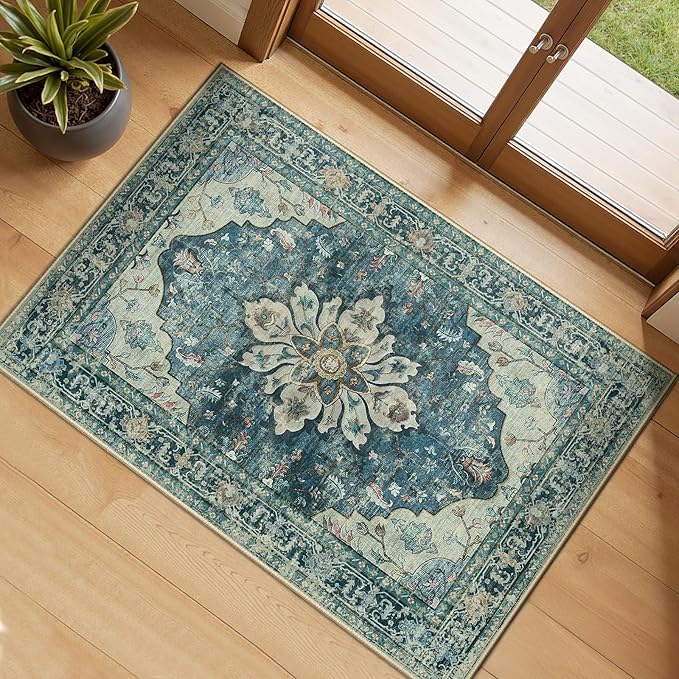 RELEANY Area Rugs 2'x3' Washable Non-Slip, Floral Vintage Distress Print Pattern Medallion Carpet for Living Room Bedroom Dining Room, Dark Blue Vintage