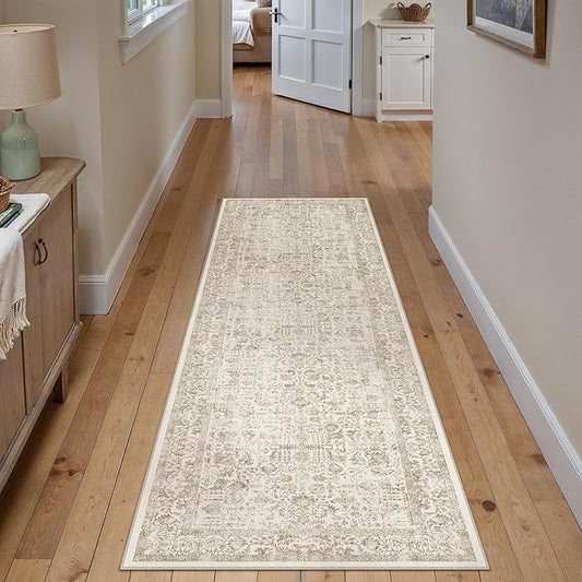 PureCozy Light Brown Runner Rug 2'6"x8' Washable Carpet for Hallway Kitchen Vintage Distressed Non Slip Indoor Retro Floral Bedroom Accent Throw Long Rug Bathroom Office Laundry Dining Living Room