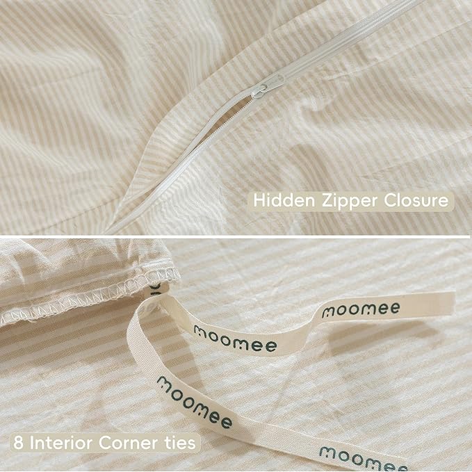 MooMee Striped Duvet Cover Set 100% Washed Cotton Linen Like Textured Breathable Durable Soft Comfy (Almond Milk Grey Pinstripes, King 104"x90")