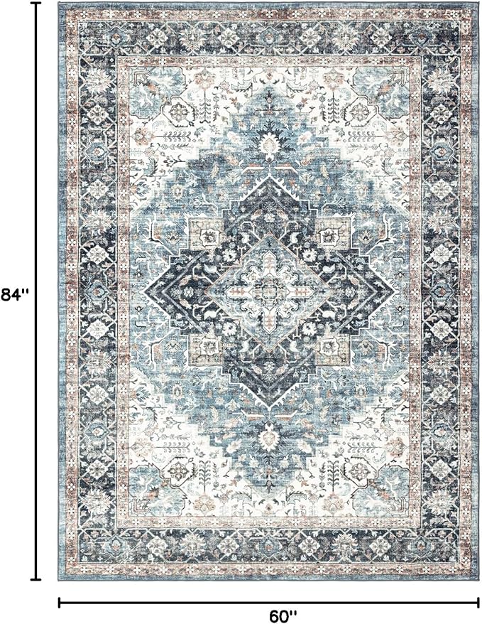 Domitapis Area Rug 5×7, Vintage Boho Rug,Ultra-Soft Low Pile, Washable, Non Slip,Stain Resistant Printed Carpet for Living Room Bedrooms Playroom Office Kitchen, Blue/Navy