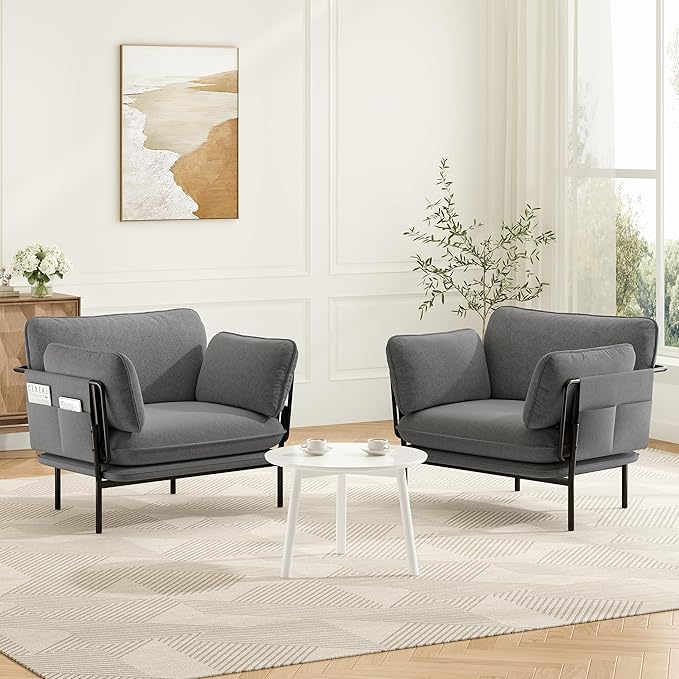 AYEASY Accent Chair, Oversized Living Room Chairs, Modern Armchair with Side Storage Pockets, Cozy Reading Chair with 2 Soft Pillow, Comfy Fabric Single Sofa Chair for Nursery, Bedroom, Blue Gray