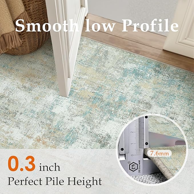 WondRg 5x7 Washable Area Rug Teal Beige Abstract Living Room Bedroom Carpet Neutral Modern Non-Slip Soft Low Pile Lightweight Vacuumable Throw Rug for Dining Room Entryway