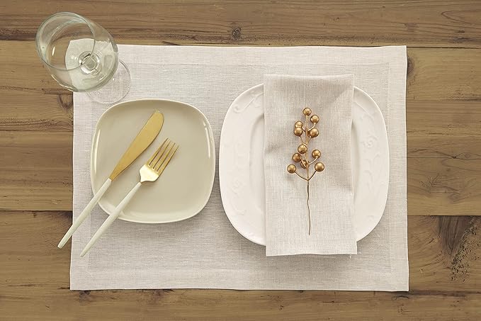 Solino Home Linen Cloth Placemats Set of 4-100% Pure Linen Light Natural Placemats 14 x 19 Inch for Spring, Easter - Athena
