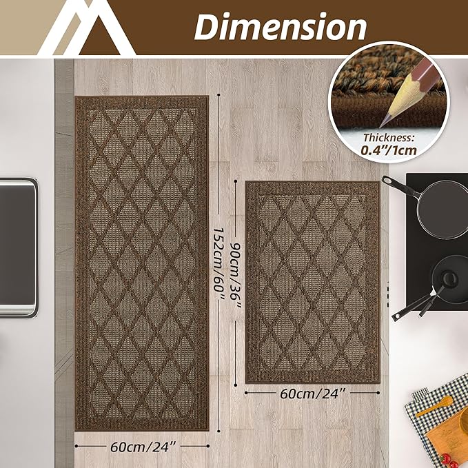 COSY HOMEER Kitchen Mats, 2 PCS Kitchen Rug Non Slip Washable, Absorbent Runner Rugs for Kitchen Floor, 100% Polypropylene Kitchen Sink Rug 24"x36" + 24"x60"(Brown)