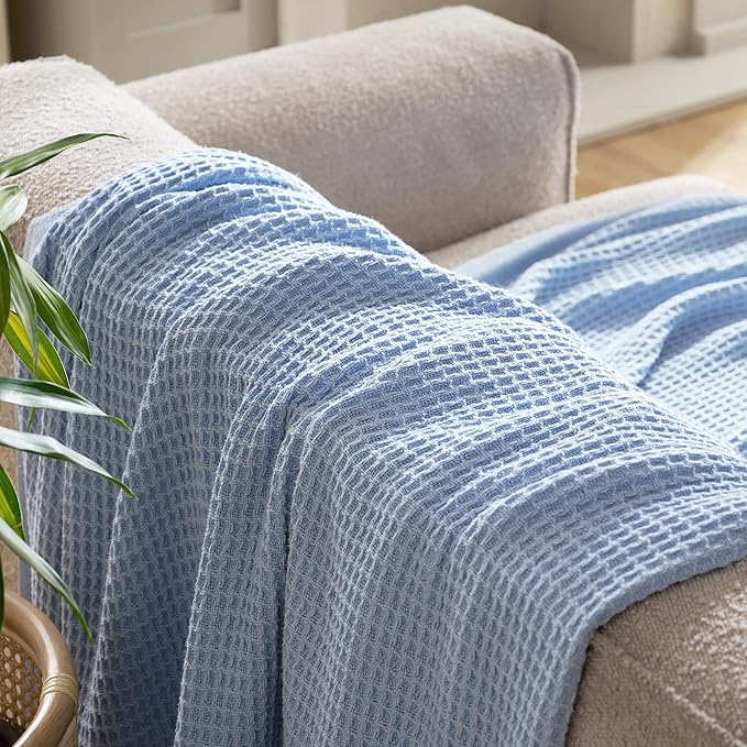 Bedsure Gentlesoft 100% Cotton Blanket Twin XL Size for College Dorm - Breathable and Soft for Spring Summer, Waffle Weave Twin Blanket for Bed, Dorm Room Essentials, Sky Blue, 66x90 inches