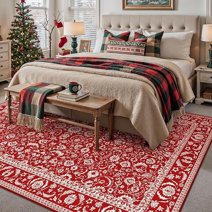 HUGEAR Christmas 6x9 Machine Washable Rugs Red Hallway Large Area Rug Indoor Accent Rug Floral Low Pile Carpet Soft Throw Aesthetic Rug Bedroom Living Room Office Dining Room Kitchen Laundry Room