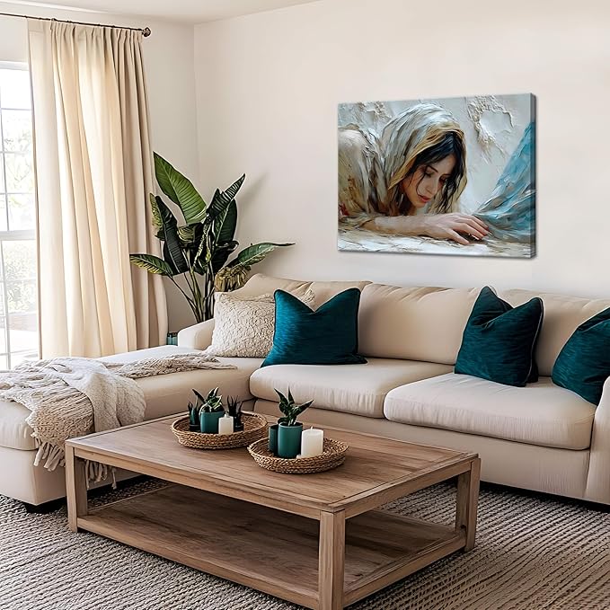 Christian Jesus Girl Canvas Wall Art, Jesus and Woman Wall Decor Paintings, Religion Bible Posters Prints Pictures Artwork for Church Living Room Bedroom Home Decor 12x16 Inch Framed