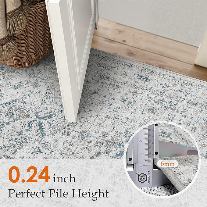 PureCozy Blue 6x9 Area Rug Vintage Washable Living Room Carpet Non Slip Bedroom Indoor Office Low Pile Large Traditional Distressed Retro Accent Rug for Dining Room Bathroom Kitchen