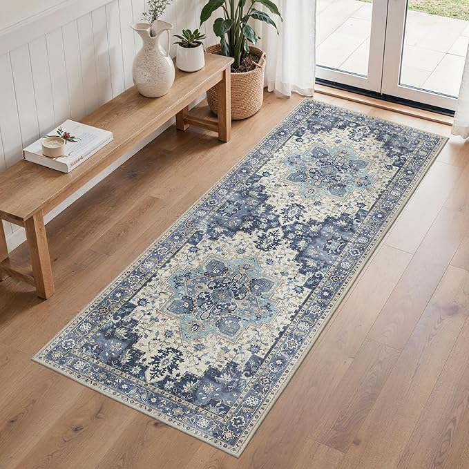 BESBLEE 2'6''x6 Runner Rugs for Hallway, Machine Washable Non Slip Vintage Rugs, Low Pile Lightweight Soft Print Rug for enrtyway, Corridor, Home Office, Kitchen, Center Blue