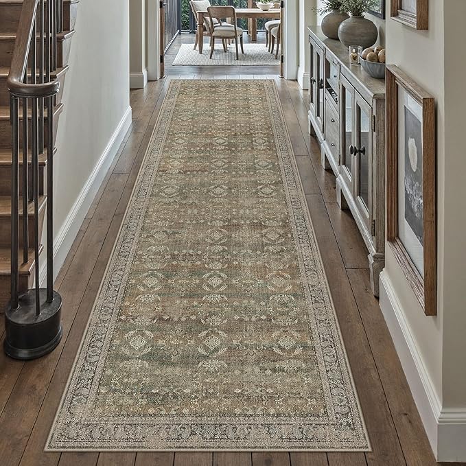 PureCozy 2x8 Brown Area Rug Runners for Hallways Washable Vintage Distressed Carpet Low Pile Non Slip Indoor Retro Soft Long Accent Rug Bedroom Kitchen Bathroom Laundry Dining Living Room