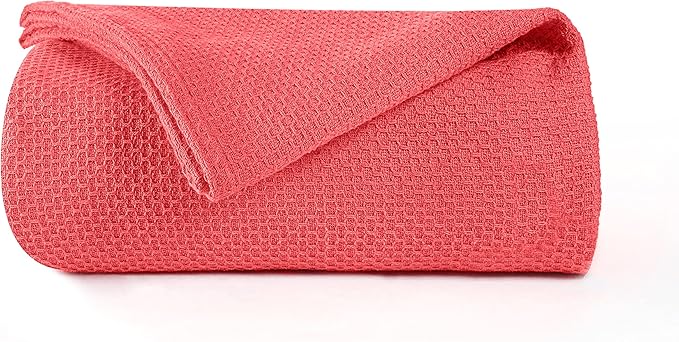 BOUTIQUO 100% Cotton Bed Blanket - Queen Size, Soft Honeycomb Waffle Blanket 90"x90", Perfect for Layering Any Bed for All Season, Coral