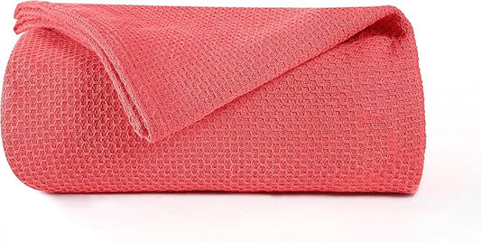 BOUTIQUO 100% Cotton Bed Blanket - Queen Size, Soft Honeycomb Waffle Blanket 90"x90", Perfect for Layering Any Bed for All Season, Coral
