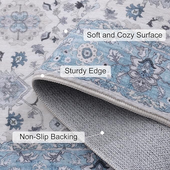 Vanmoos 3x5 Area Rugs for Living Room - Washable, Non-Slip Medium Accent Rug for Bedroom, Kitchen, Entryway - Durable Carpet for High-Traffic Areas & Home Decor, Cozy Elegance/Blue