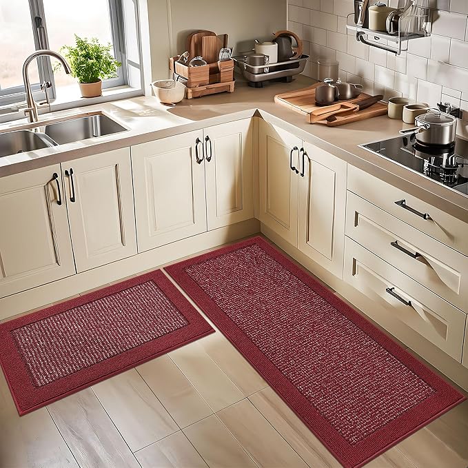 BEQHAUSE Kitchen Rugs and Mats Set of 2 Non-Slip Kitchen Mats for Floor, Absorbent and Stain Resistant Kitchen Runner, Machine Washable Rugs for Kitchen, Laundry & Sink, 20"x32"+20"x48", Red