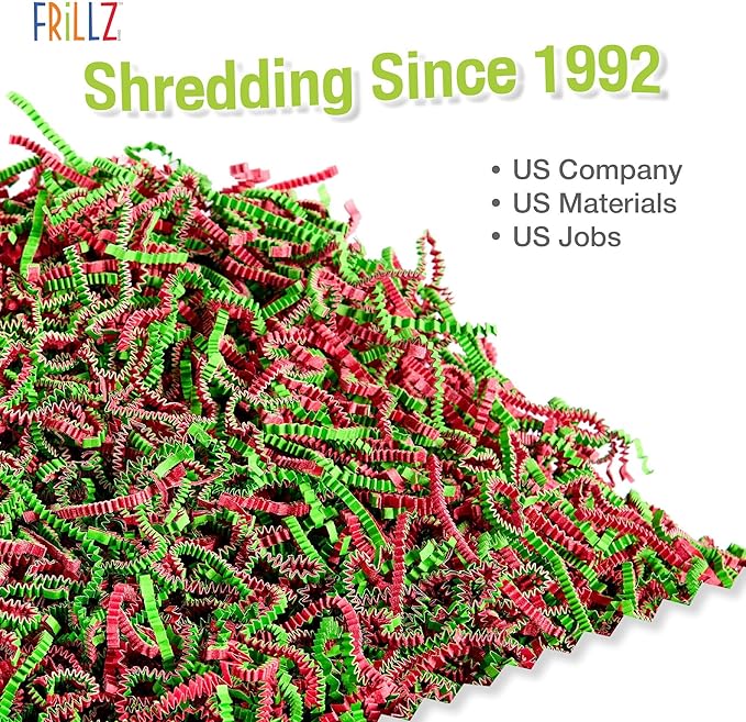 FRILLZ by DECOfill™ Crinkle Cut Paper Shred Filler for Baskets, Gifts, Packing and Protecting your Christmas, Holiday and other events (2 pound, Red and Lime Green)