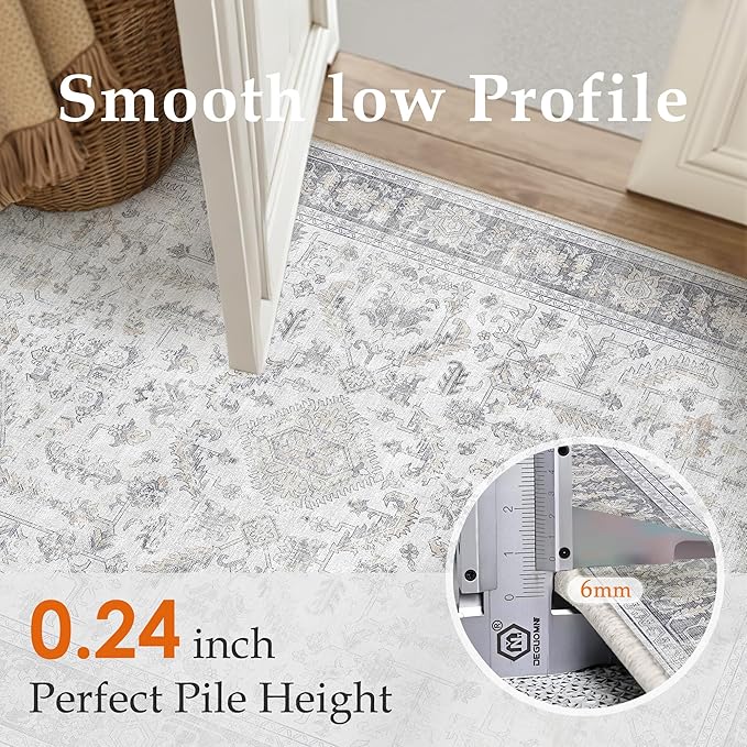 PureCozy 2x3 Grey Entryway Rug Vintage Area Carpet Indoor Kitchen Washable Door Mat Entrance Small Low Pile Traditional Distressed Retro Accent Throw Boho Rug Non Slip Office Bathroom
