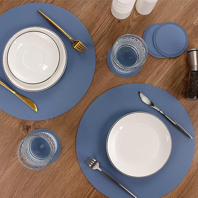 Jovono Faux Leather Round Placemats and Coasters, Coffee Mats Kitchen Table Mats, Set of 4 Waterproof Place Mat, Easy to Clean for Kitchen Dining Round Table