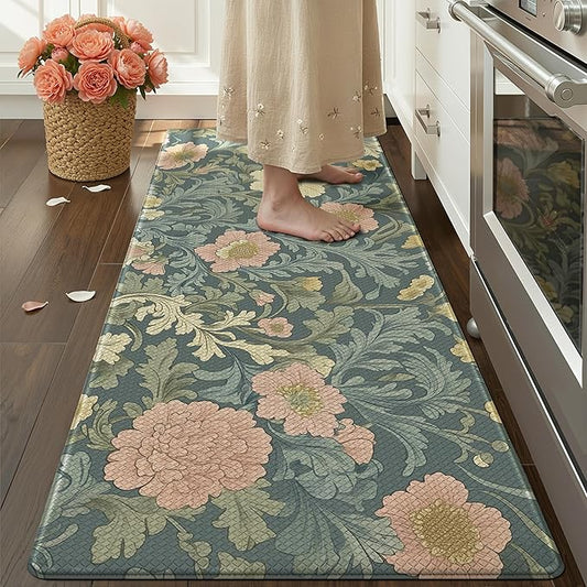Color&Geometry Floral Kitchen Mat 24"x59", Anti Fatigue Mats for Kitchen Floor, Kitchen Rugs Non Slip, Waterproof & Oil Proof Kitchen Runner for Standing Desk Office, Sink - Dusty Blue