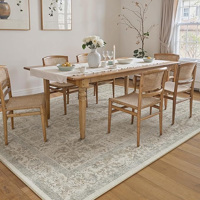PureCozy Taupe Area Rug 5x8 Machine Washable Vintage Living Room Distressed Non Slip Carpet Traditional Indoor Bedroom Retro Floral Accent Throw Large Rug for Office Kitchen Bathroom Dining Room