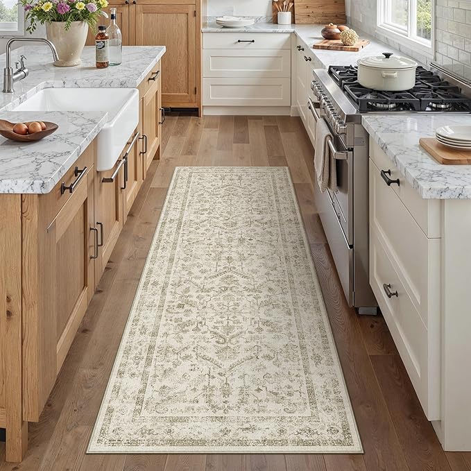 PureCozy Taupe 2x6 Runner Rug Vintage Area Carpet Hallway Indoor Kitchen Washable Low Pile Traditional Distressed Retro Accent Throw Rug Non Slip for Laundry Bathroom Office