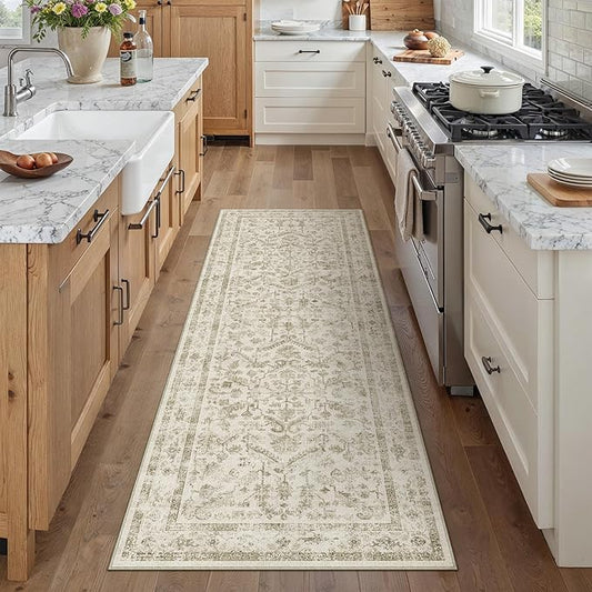 PureCozy Taupe 2x5 Runner Rug Vintage Area Carpet Hallway Indoor Kitchen Washable Low Pile Traditional Distressed Retro Accent Throw Rug Non Slip for Laundry Bathroom Office
