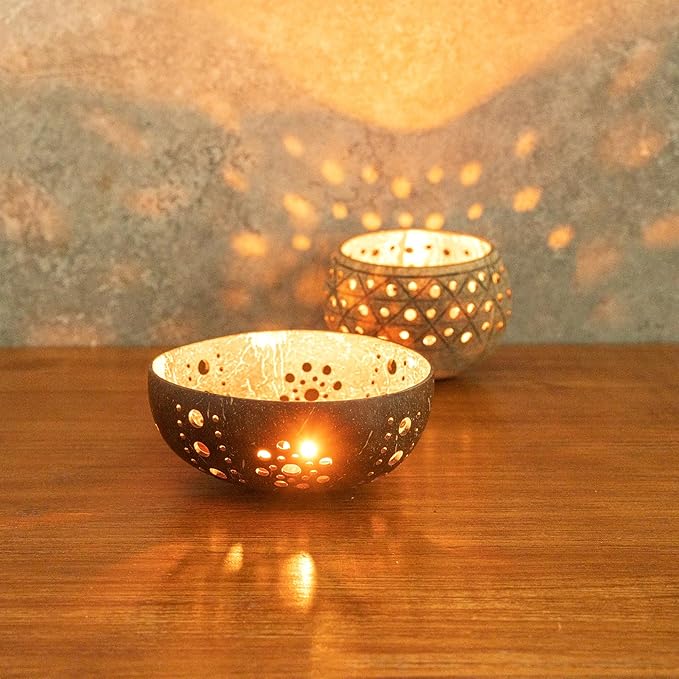 Restaurantware-Coco Casa 5.1 x 2 Inch Coconut Shell Candle Holder, 1 Reusable Tealight Holder - Candle Not Included, Sun Pattern, Brown Coconut Bowl for Candles, Handcrafted