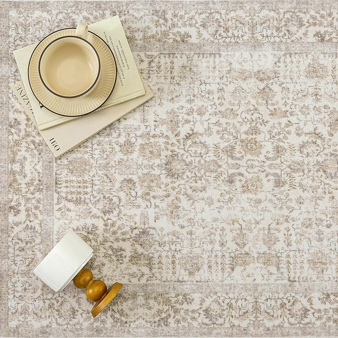 PureCozy Light Brown Area Rug 5x7 Machine Washable Vintage Living Room Distressed Non Slip Carpet Traditional Indoor Bedroom Retro Floral Accent Throw Large Rug Office Kitchen Bathroom Dining Room