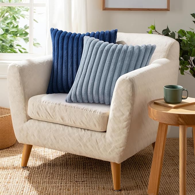 Pallene Faux Fur Plush Throw Pillow Covers 20x20 Set of 2, Luxury Soft Fluffy Striped Decorative Pillow Covers for Sofa, Couch, Living Room, Blue Grey