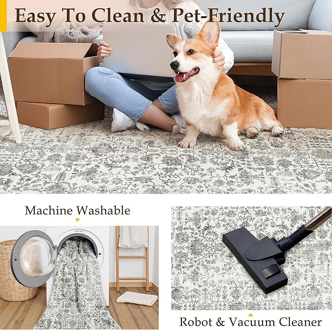 PureCozy Black Runner Rug 2'6"x8' Washable Carpet for Hallway Kitchen Vintage Distressed Non Slip Indoor Retro Floral Bedroom Accent Throw Long Rug Bathroom Office Laundry Dining Living Room
