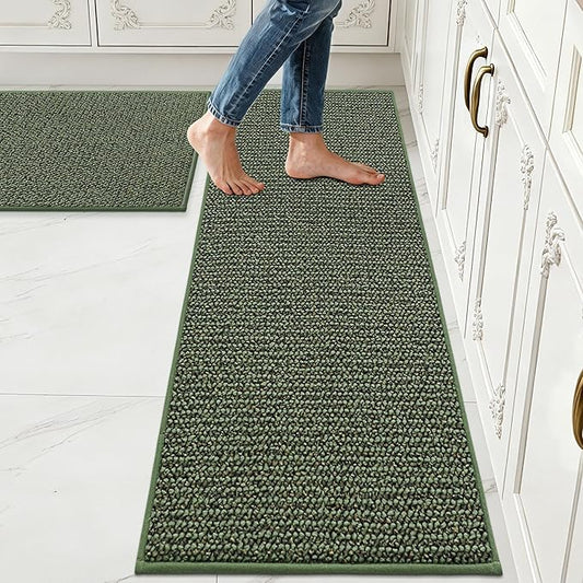JSEI Kitchen Rugs and Mats, 2PCS Non-Slip Kitchen Mats for Floor, Machine Washable Absorbent and Stain Resistant Kitchen Runner, Carpet Mats with TPR Backing, 17''x30''+17''x60'', Green