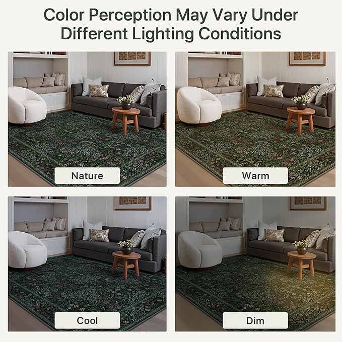 GENIMO 5x7 Area Rug for Living Room, Washable Vintage Floral Low-Pile Non-Slip Carpet for Bedroom Dining Room, Stain Resistant Botanical Accent Rug (Dark Green)
