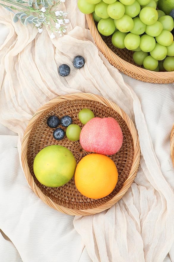 HITOMEN Handmade Rattan Bread Baskets Round Wicker Fruit Serving Storage Bowls, Natural Woven Decorative Kitchen Counter Organizing (Honey Brown) S-8"