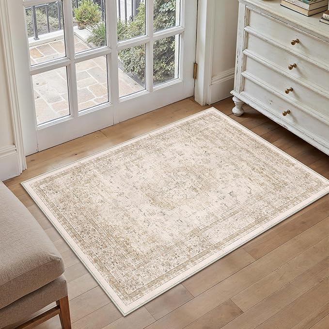 PureCozy Entryway Area Rug 2x3 Beige Vintage Distressed Indoor Carpet Oriental Soft Thin Small Door Mat Non Slip Low Pile Throw Rug for Entrance Bathroom Bedroom Kitchen Laundry