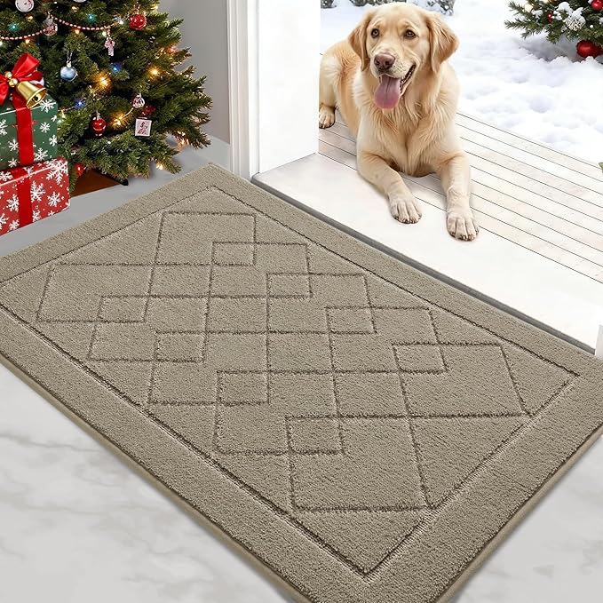 REFETONE Dirt Trapper Door Mat 32" x 40", Washable Indoor Doormat Rubber Backing Non Slip, Resist Dirt and Absorbent Entrance Mat, Low Profile Inside Floor Mats for Front Back Door and Entryway, Beige