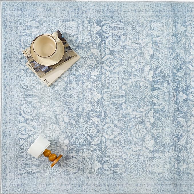 PureCozy Blue 2x3 Area Rug Washable Entryway Door Mat Vintage Carpet Indoor Non Slip Small Low Plie Thin Kitchen Bathroom Rug Retro Accent Throw Entrance Bedroom Office Living Room