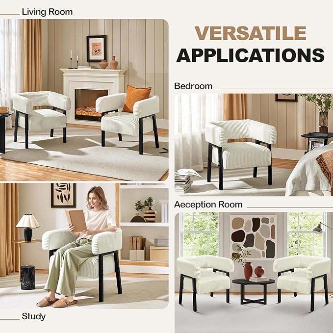 Yaheetech Corduroy Barrel Accent Chair, Modern Upholstered Armchair with Solid Wood Legs, Cozy Leisure Chair with Pocket Coiled Seat for Living Room, Bedroom, Reading Nook Beige