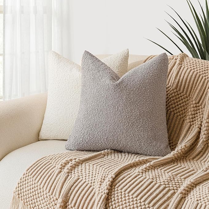 Foindtower Decorative Textured Boucle Throw Pillow Covers Accent Solid Pillow Cases Neutral Soft Cozy Couch Cushion Case for Chair Sofa Bedroom Living Room Home Decor 26 x 26 Inch,Neutral Grey