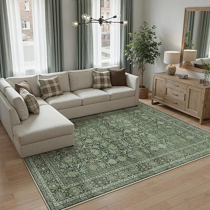 PureCozy Area Rug 5x7 Green Washable Living Room Carpet Soft Non Slip Vintage Bedroom Indoor Office Traditional Retro Distressed Thicker Throw Large Rug for Dining Room Bathroom Kitchen