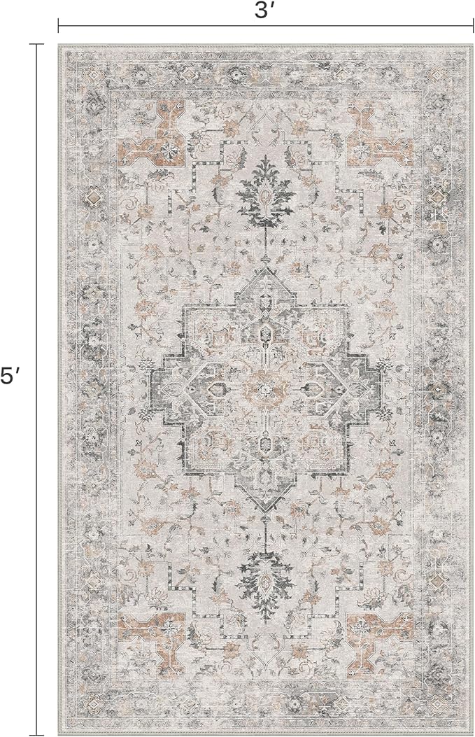 BESBLEE 3x5 Area Rugs for Living Room, Machine Washable Non Slip Vintage Rugs, Low Pile Lightweight Print Rug for Bedroom, Dining Room, Home Office, Light Taupe Brown