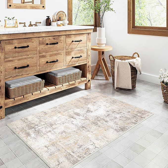 WondRg 2x3 Washable Area Rug Beige Grey Abstract Entryway Kitchen Throw Rug Neutral Modern Non Slip Soft Low Pile Small Carpet for Bathroom Living Room Bedroom