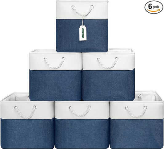 13x13 Inch Cube Storage Bins with Reinforced Bottom Cardboard, 6 Pack Large Foldable Fabric Storage Cubes with Handles for Shelf, Closet, Laundry Organization (White&Navy Blue)