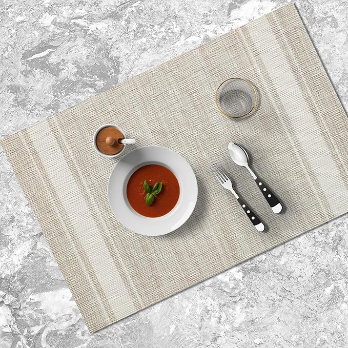 Placemats Set of 4 Vinyl Washable Linen ColorPlacemats, 18"x12" Wipeable Heat-Resistant Non-Slip Easy Clean Table Mats Ideal for Dining Table Table Runner and Outdoor(4, Linen Wide Stripe)